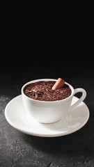 Hot chocolate drink in a white cup with cinnamon stick and star anise on textured dark background with copy-space
