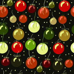 Beautiful winter seamless pattern in warm colors with Christmas balls and with fluffy snowflakes. Gift box wrapping for 2021 New Year presents.
