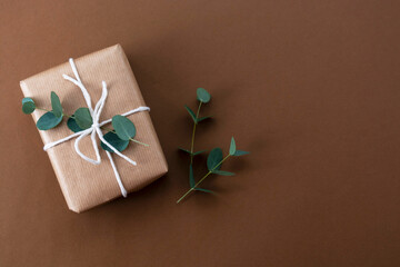 Christmas gift boxe wrapped with brown kraft paper and decorated with eucalyptus leaves, over brown...