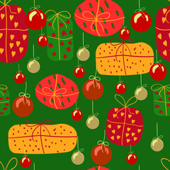 Beautiful winter seamless pattern in cold colors with Christmas balls and with colorful gift boxes. Gift box wrapping for 2021 New Year presents. Warm red and green colors.