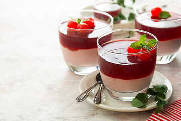 Panna cotta dessert with cherry on top in glass. Sweet dessert.