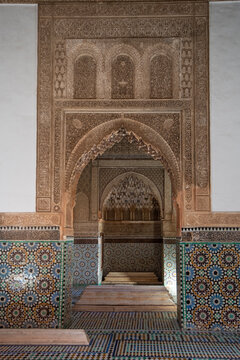 Marrakech, Morocco - January 28, 2019: Inside interior of Saadian Tombs. These tombs are sepulchres of Saadi Dynasty members. Top landmark and sightseeing in Marrakesh , Maroc