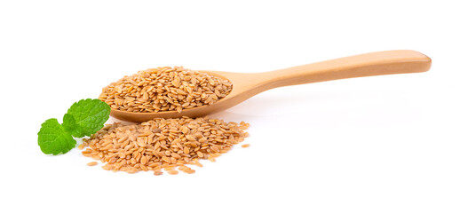Golden  flax seeds  on white background