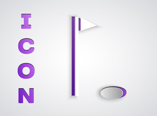 Paper cut Golf flag icon isolated on grey background. Golf equipment or accessory. Paper art style. Vector Illustration.