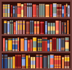Bookshelf background, bookcase with books, vector library