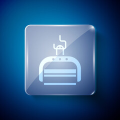 White Ski lift icon isolated on blue background. Square glass panels. Vector Illustration.