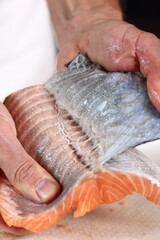 Removing Skin from Salmon Fillet. Making Salmon in Puff Pastry Series.