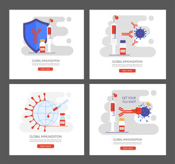 Vaccination concept. Modern immunization concept for web design with syringe, vaccine, bottle, antibodies and virus. Landing page template, banner, icon. Flat vector illustration, isolated objects.