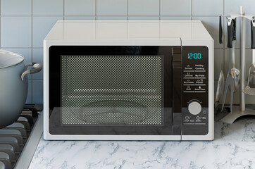 Microwave oven on the kitchen table. 3D rendering