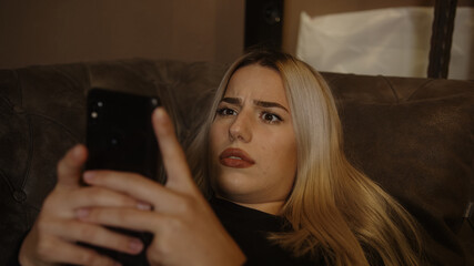 Young unhappy blonde woman lying on sofa received a bad message or had a bad incident on the phone