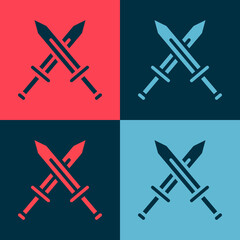 Pop art Crossed medieval sword icon isolated on color background. Medieval weapon. Vector.