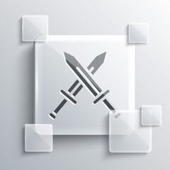 Grey Crossed medieval sword icon isolated on grey background. Medieval weapon. Square glass panels. Vector.