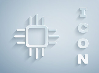 Paper cut Computer processor with microcircuits CPU icon isolated on grey background. Chip or cpu with circuit board. Micro processor. Paper art style. Vector.