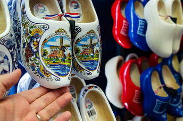 Kinderdijk, The Netherlands, August 2019. Souvenir Dutch clogs, produced in different shapes and...