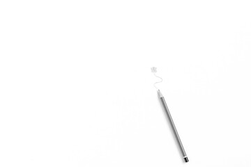 A minimalistic abstract black and white portrait of a drawn butterfly on a white background with a drawing pencil beneath it.