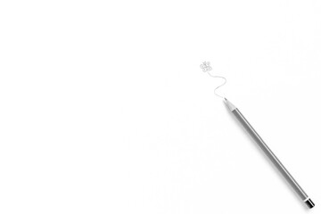 A minimalistic abstract black and white portrait of a drawing pencil on a white background with a drawn butterfly above it.