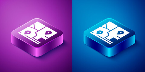 Isometric Folded map with location marker icon isolated on blue and purple background. Square button. Vector.