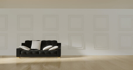 White room with black leather sofa and white pillows, 3D illustration
