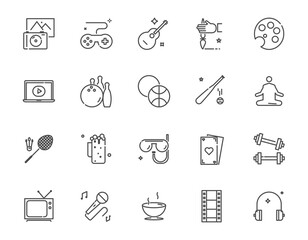 Hobby activities at home thin line icon set