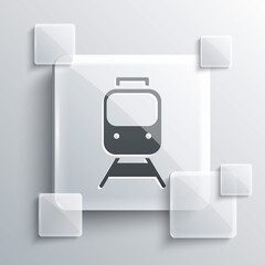 Grey Train and railway icon isolated on grey background. Public transportation symbol. Subway train transport. Metro underground. Square glass panels. Vector.