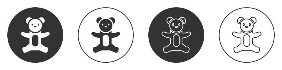Black Teddy bear plush toy icon isolated on white background. Circle button. Vector.