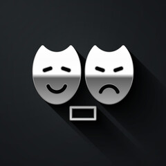 Silver Comedy and tragedy theatrical masks icon isolated on black background. Long shadow style. Vector.