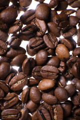 Coffee beans close up against the background of a coffee beans. Morning espresso. Coffee mug.