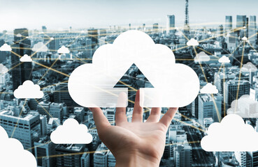 Cloud computing technology and online data storage for global data sharing. Computer connects to...