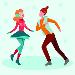 Skaters character. A man and a woman are skating. Vector illustration