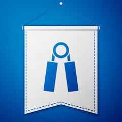 Blue Sport expander icon isolated on blue background. Sport equipment. White pennant template. Vector.