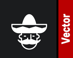White Mexican man wearing sombrero icon isolated on black background. Hispanic man with a mustache. Vector.