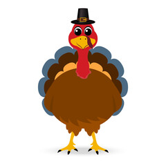 Thanksgiving cartoon turkey stands on a white background. Vector illustration for the holiday