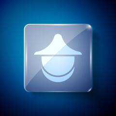 White Beekeeper with protect hat icon isolated on blue background. Special protective uniform. Square glass panels. Vector.