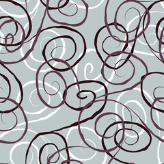 Beige, maroon and white swirls on a gray background. Vector seamless pattern. Design for wrapping, cloth, print, paper.