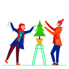 man and a woman in winter clothes are decorating a Christmas tree. Vector illustration
