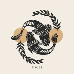 Zodiac sign Pisces in boho style. Trendy vector illustration. - 392473914