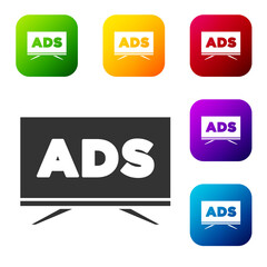 Black Advertising icon isolated on white background. Concept of marketing and promotion process. Responsive ads. Social media advertising. Set icons in color square buttons. Vector.