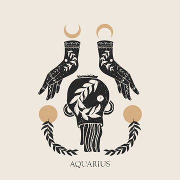 Zodiac Sign Aquarius In Boho Style. Trendy Vector Illustration.