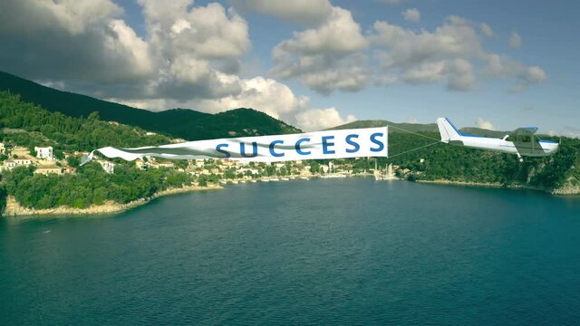 Flying plane with waving banner with SUCCESS text on summer background