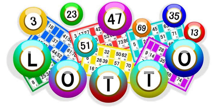 Boules et cartes de lotto multicolores sur fond blanc 