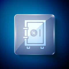 White Safe icon isolated on blue background. The door safe a bank vault with a combination lock. Reliable Data Protection. Square glass panels. Vector.