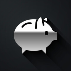 Silver Piggy bank icon isolated on black background. Icon saving or accumulation of money, investment. Long shadow style. Vector.
