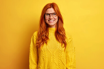 Positive redhead European woman with glad face expression smiles pleasantly feels happy after successful day wears warm yellow sweater poses over vivid background. Emotions and feelings concept