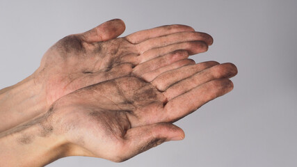 Empty dirty two hand doing beg hand sign on white background.