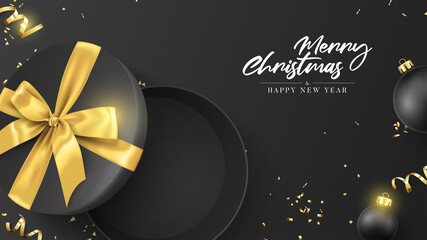 Merry Christmas and Happy New Year banner. Holiday background with open round gift box, Christmas balls, golden serpentine and confetti on black background. Vector illustration.