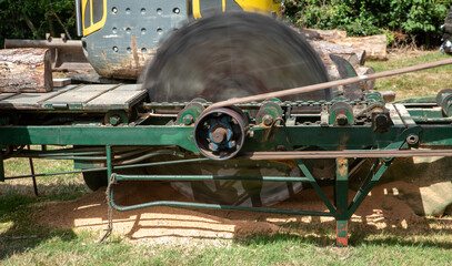 Old fashioned belt driven circular saw ready to cut a log. - 392476119