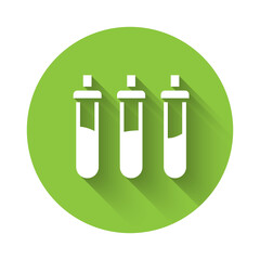 White Reagent bottle for physics and chemistry icon isolated with long shadow. Green circle button. Vector.