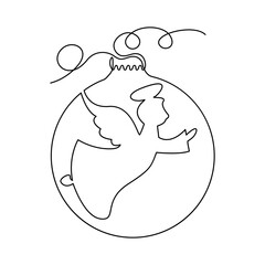 Christmas decoration ball with angel pattern, continuous line. Vector illustration, isolated on white background.