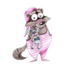 Watercolor drawing. Raccoon baby. With a toy. Format 2550x2599, 300dpi