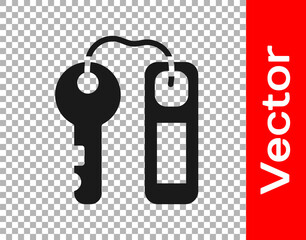 Black Hotel door lock key with number tag icon isolated on transparent background. Vector.
